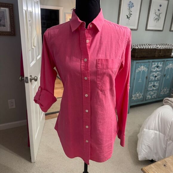 CAMIXA Linen-Cotton Blend Button-Up Shirt | XS | Hot Pink - Picture 4 of 14